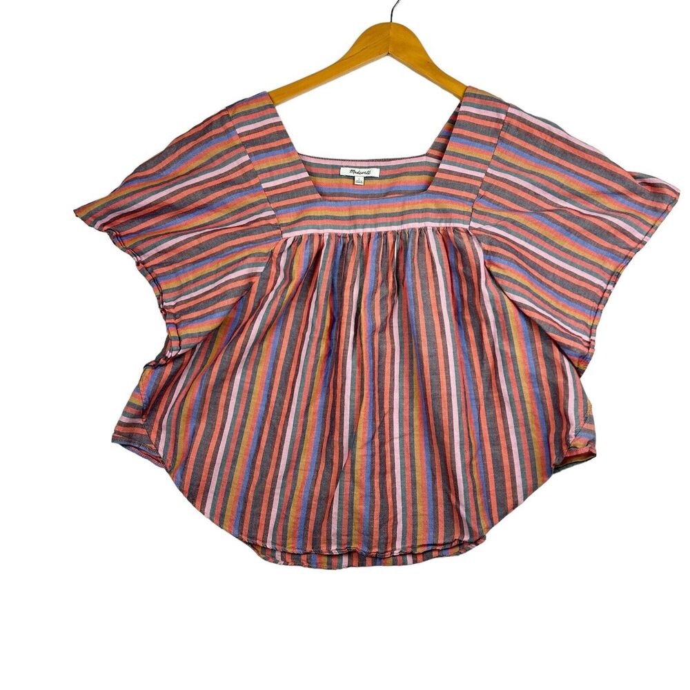 Madewell Butterfly Top Womens Size L Rainbow Stripe Mulled Wine Sq Neck L3049